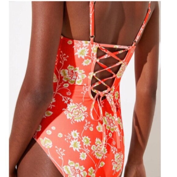 LOFT Beach Coral with Flowers One Piece Swimsuit, Large, NWOT - Picture 2 of 11